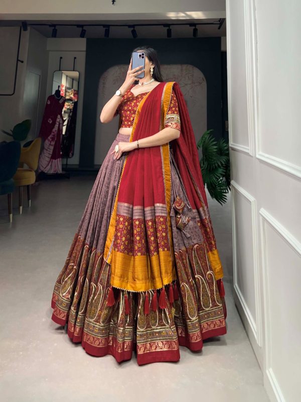 Aglow Red Color Tussar Silk Kashmiri Print With Foil Print Lehenga Choli