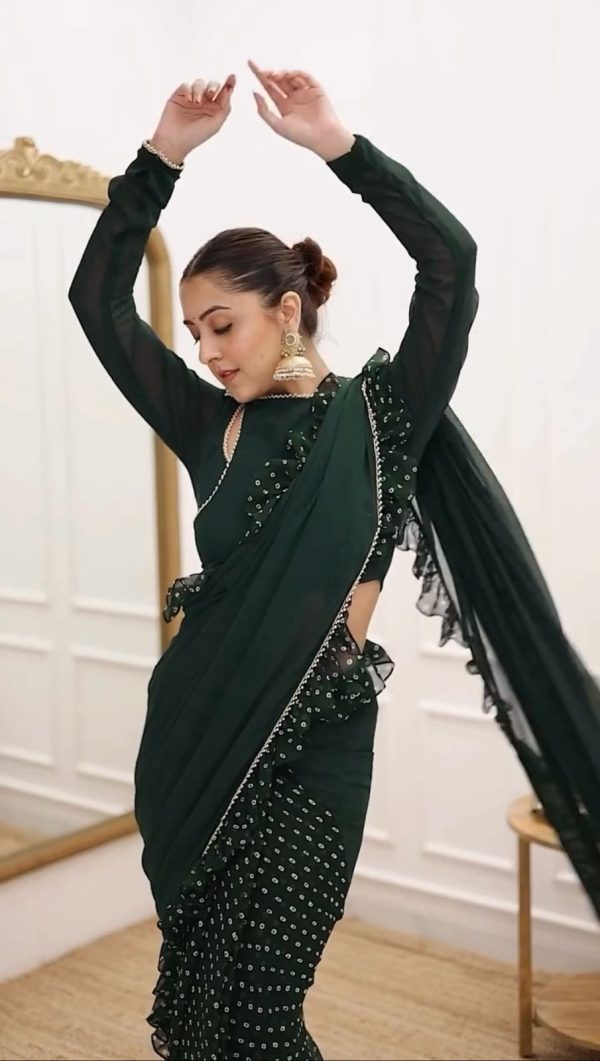 Amazing Black Color Faux Georgette Digital Print With Ruffle And Fancy Lace Saree