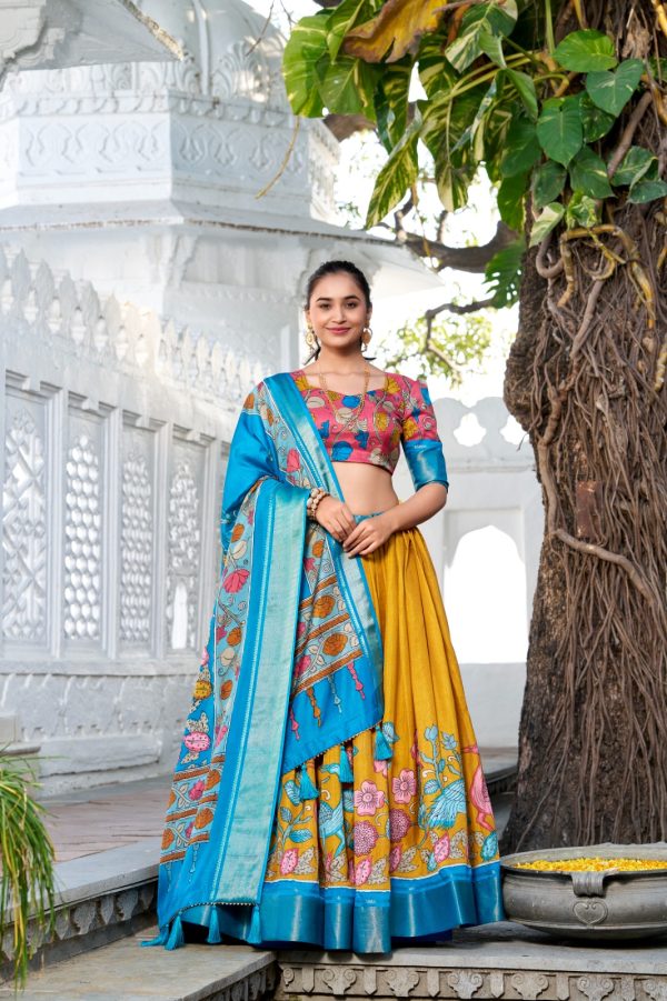 Amazing Sky Blue Color Dola Silk Kalamkari Print Zari Border Lehenga Choli
