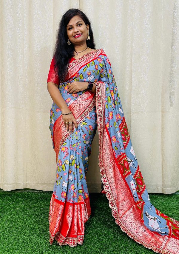 Beautiful Blue Color Dola Silk With Zari Weaving Border Saree