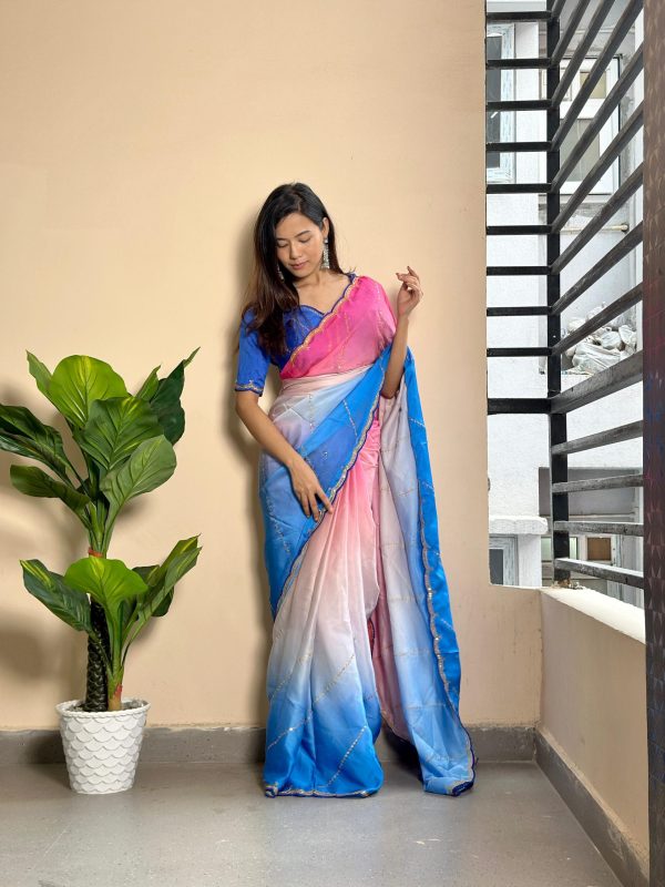 Beautiful Blue Color Soft Georgette Satin With Digital Print Embroidery Work Saree