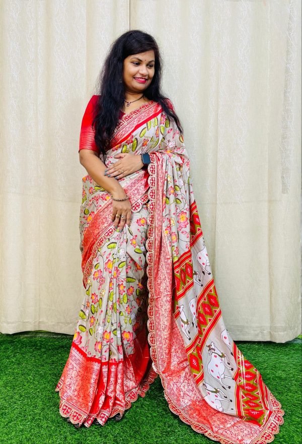 Beautiful Grey Color Dola Silk With Zari Weaving Border Saree