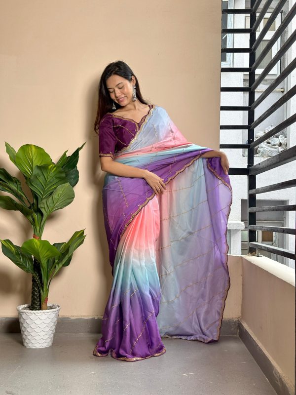 Beautiful Wine Color Soft Georgette Satin With Digital Print Embroidery Work Saree