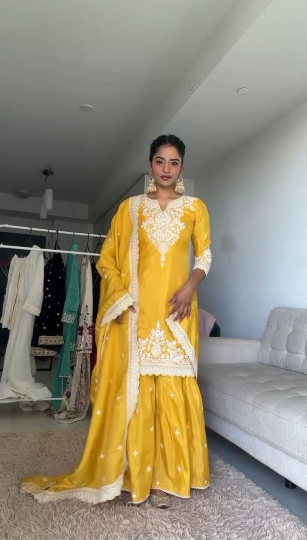Beautiful Yellow Color Chinnon Silk thread With Sequence Sharara Suit