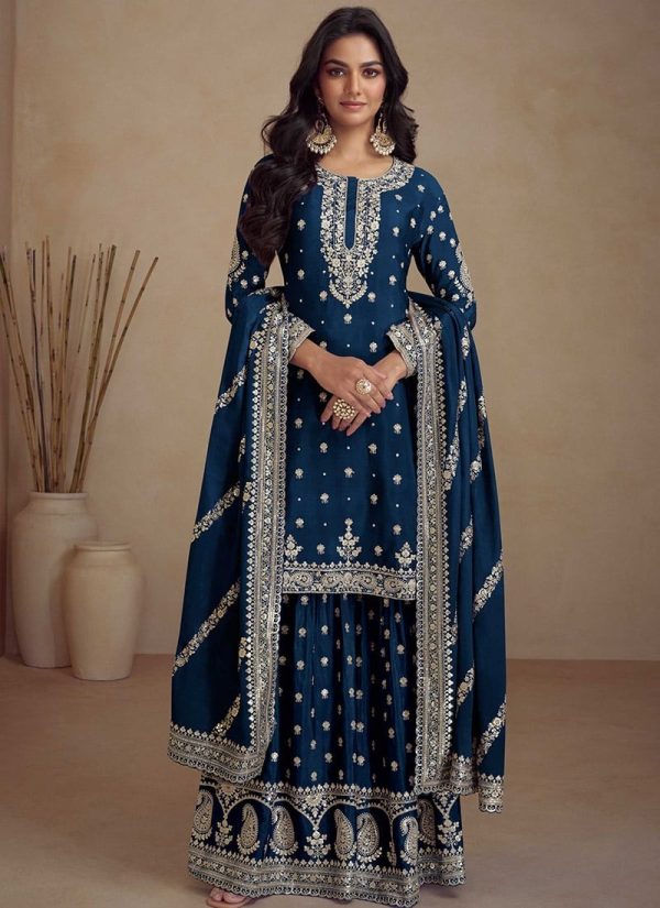 Classic Blue Color Heavy Semi Chinon Silk Codding Embroidery Salwar Suit