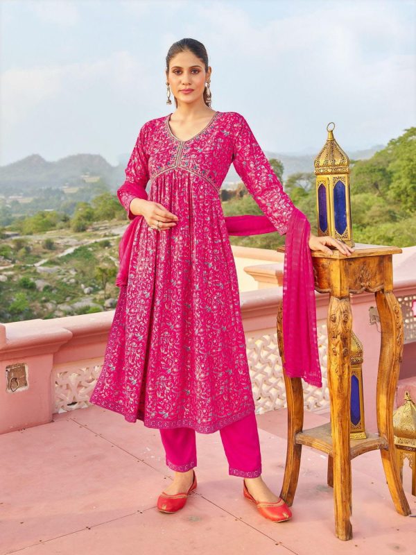 Fantastic Dark Pink Color Rayon Alia Cut With Embroidery Work Kurti