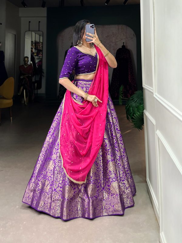 Glowing Purple Color Jacquard Silk Zari Weaving Work Lehenga Choli
