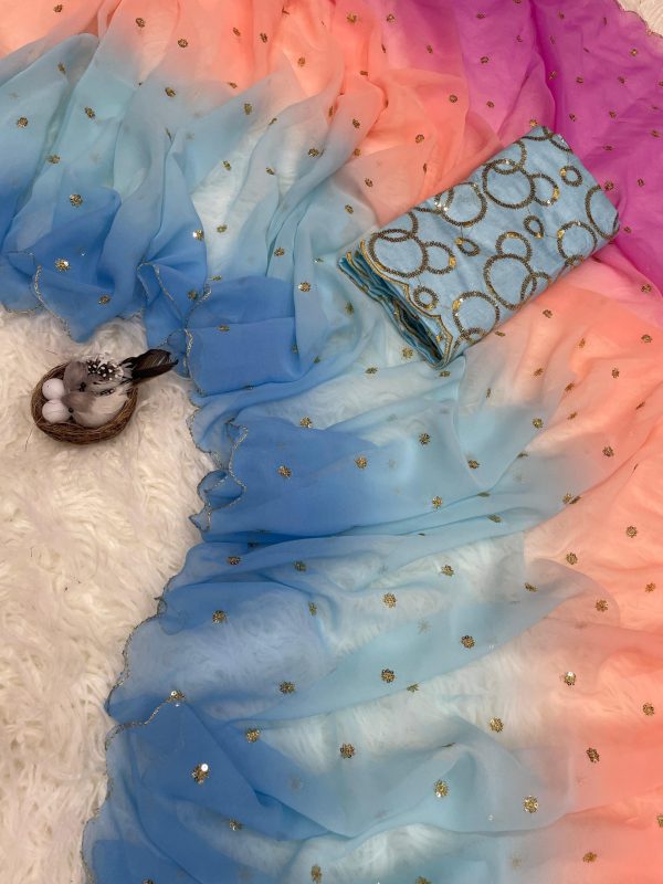 Gorgeous Sky Blue Color Georgette With Sequence Worked Butti Saree