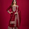 Graceful Marron Color Chinnon Silk With Embroidery Work Sharara Suit