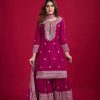 Graceful Pink Color Chinnon Silk With Embroidery Work Sharara Suit