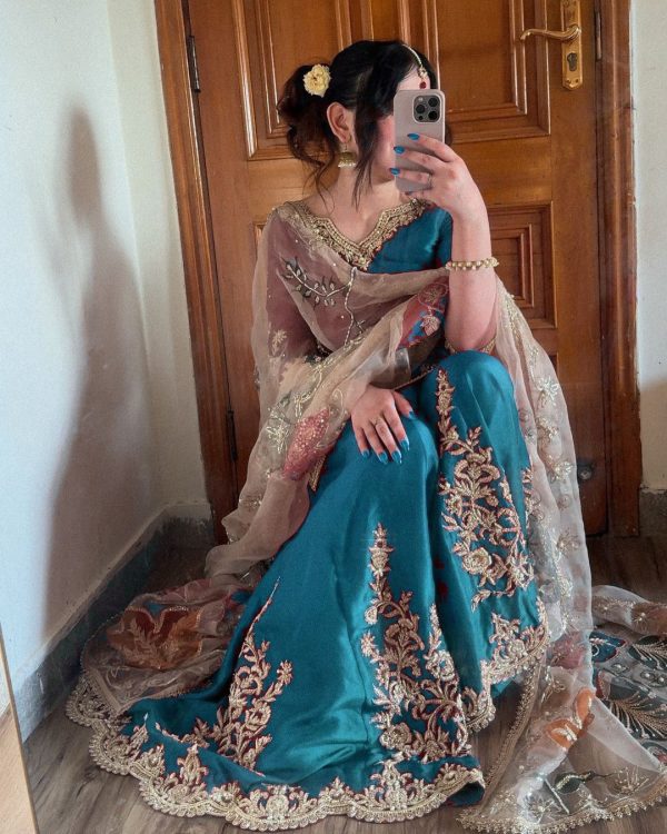 Graceful Sky Blue Color Chinnon Silk With Embroidery Work Sharara Suit