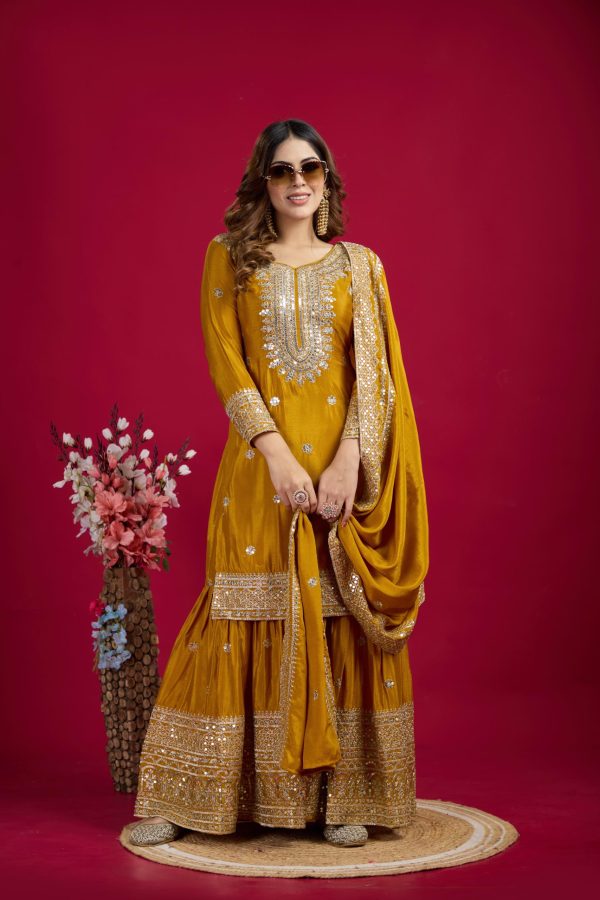 Graceful Yellow Color Chinnon Silk With Embroidery Work Sharara Suit