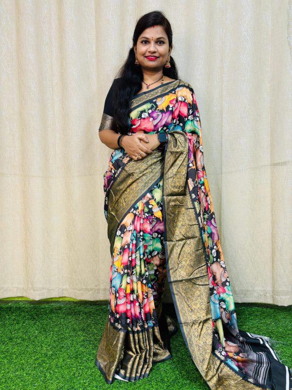Perfect Black Color Jacquard Dola Silk With Kalamkari Print Saree