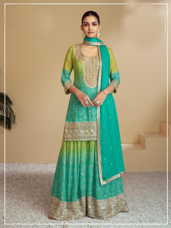Perfect Firozi Color Chinon Digital Print With Mat Sequence Sharara Suit