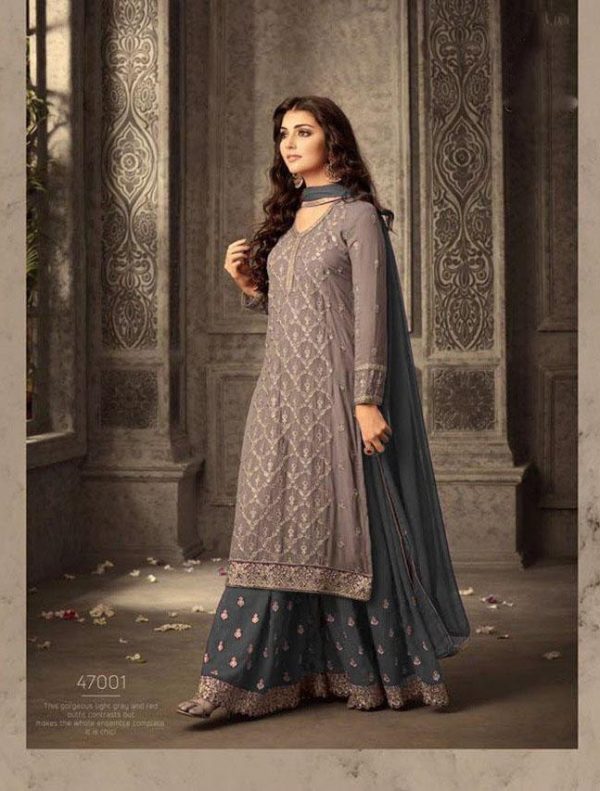 Pretty Grey Color Georgette With Embroidery work With Stone Salwar Suit