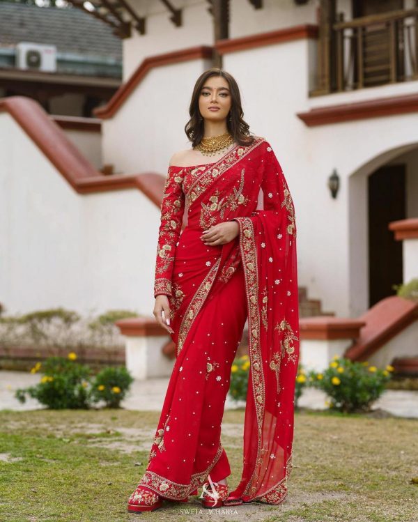 Pretty Red Color Georgette Embroidery Zari And Sequence With Moti Work Saree
