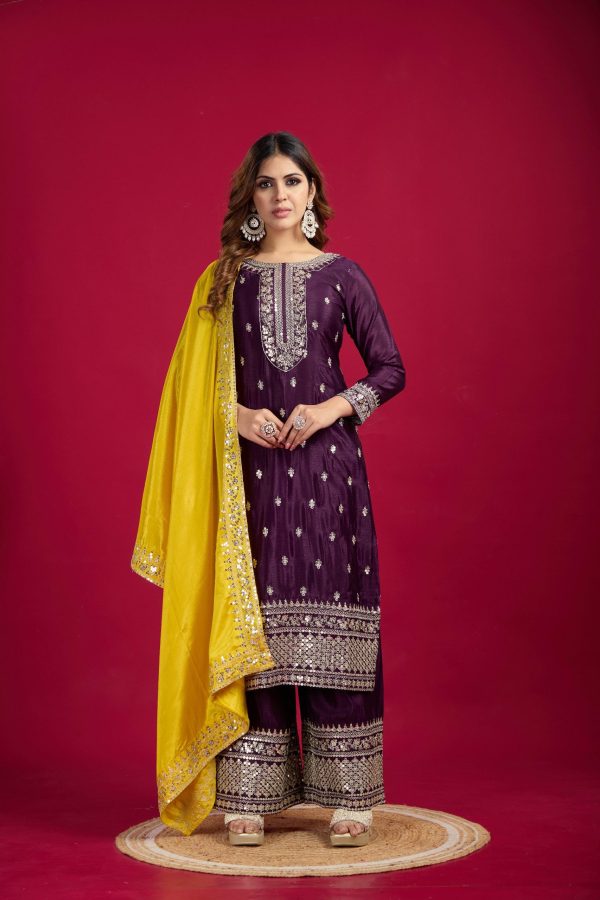 Royal Purple Color Pure Chinnon Silk With Embroidery Sequence Work Salwar Suit