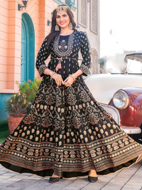 Stunning Black Color Rayon Print Embroidery Work Long Anarkali Gown