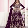 Stunning Maroon Color Net With Chain Stich Stone Work Anarkali Gown