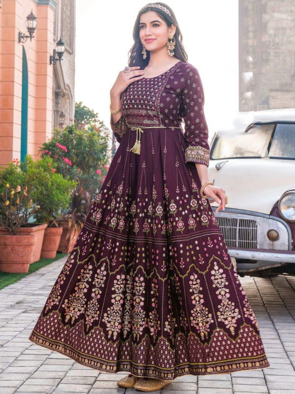 Stunning Marron Color Rayon Print Embroidery Work Long Anarkali Gown