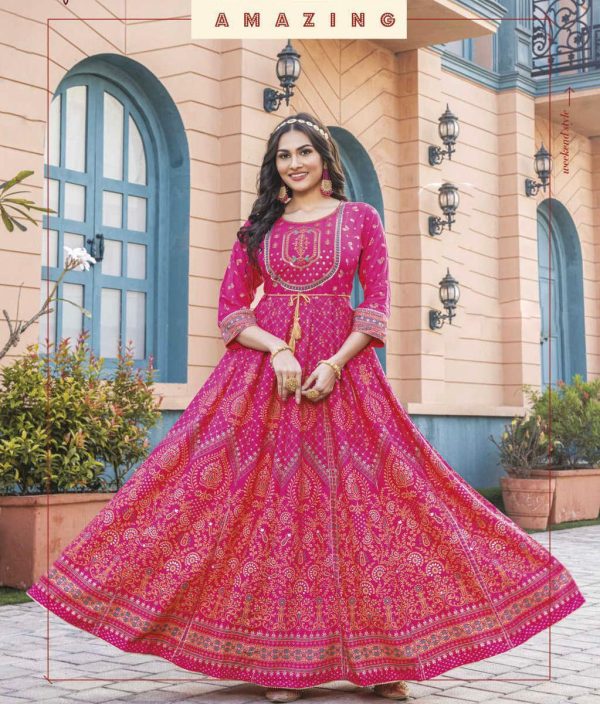 Stunning Pink Color Rayon Print Embroidery Work Long Anarkali Gown