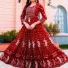 Stunning Red Color Rayon Print Embroidery Work Long Anarkali Gown