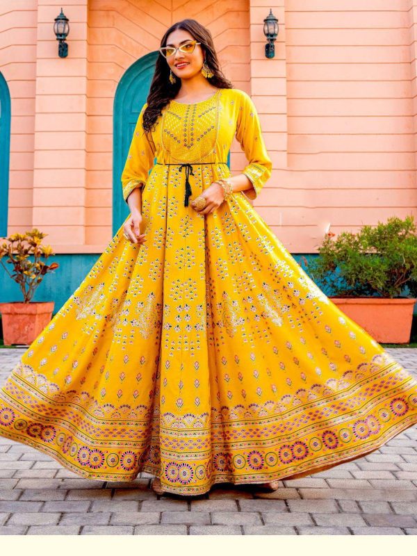 Stunning Yellow Color Rayon Print Embroidery Work Long Anarkali Gown