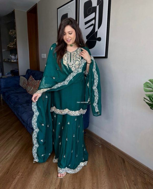Superb Green Color Pure Chinnon Silk With Embroidery Coding Dori-Sequence Salwar Suit