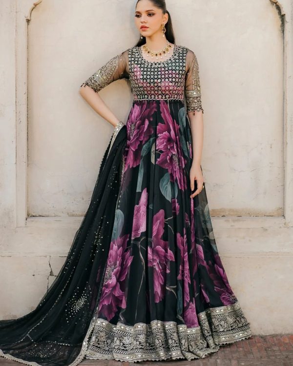 Stunning Black Color Foix Georgette with digital print  Anarkali Gown