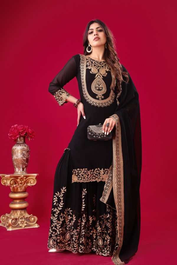 Amazing Black Color Faux Georgette With Embroidery Sequence Thread Work Salwar Suit
