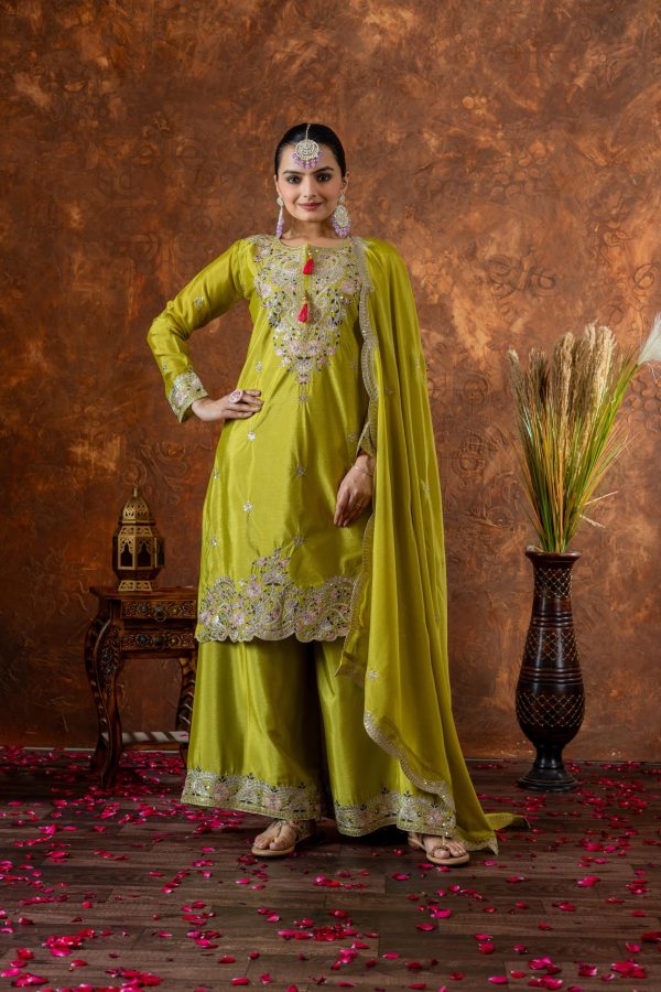 Amazing Green Color Chinon Silk Embroidery 3mm Sequence Coding Dori Work Salwar Suit