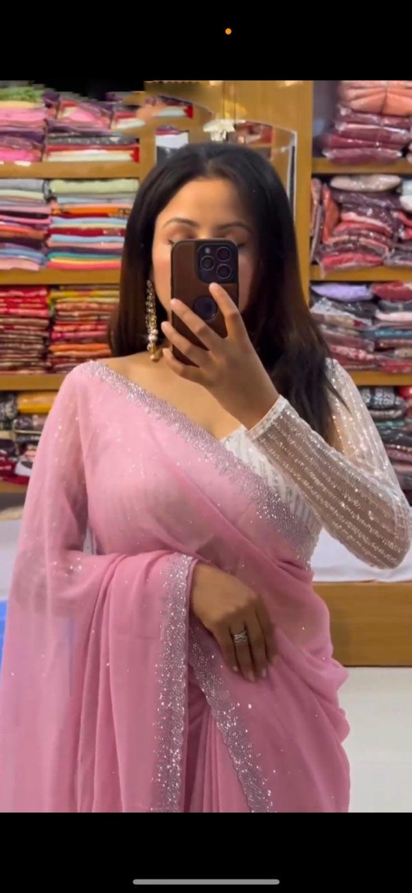 Amazing Light Pink Color Georgette Hot Fix Stone Work Saree