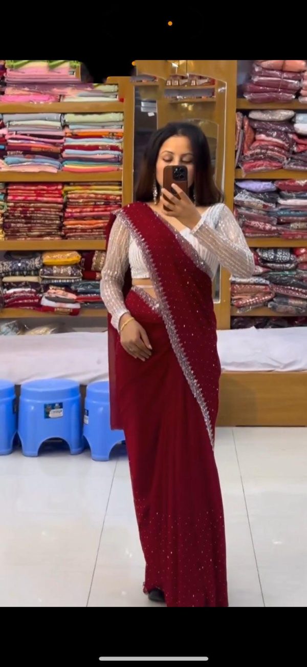 Amazing Marron Color Georgette Hot Fix Stone Work Saree