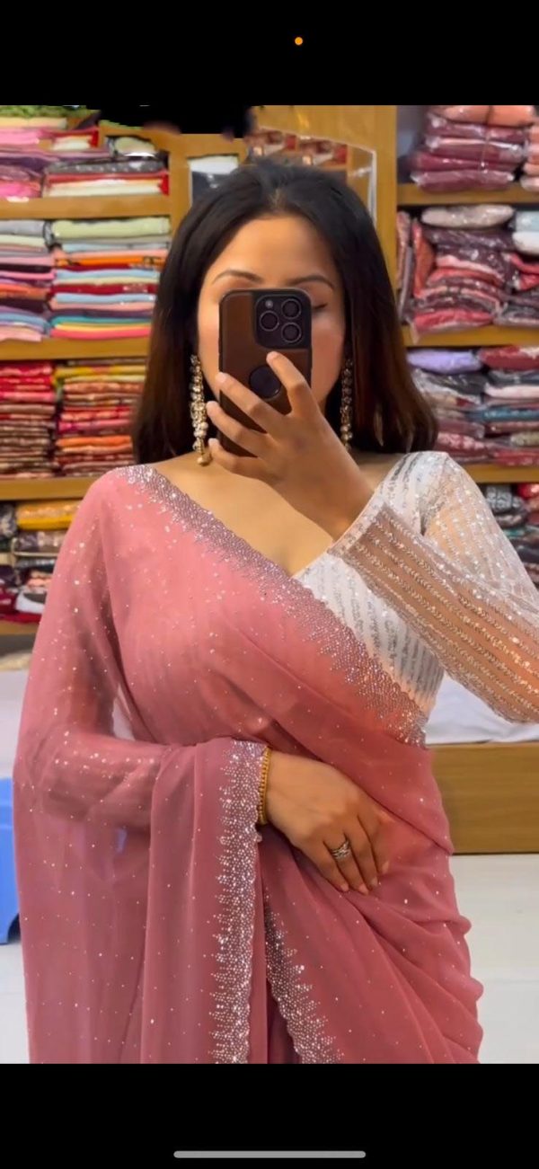 Amazing Onion Color Georgette Hot Fix Stone Work Saree