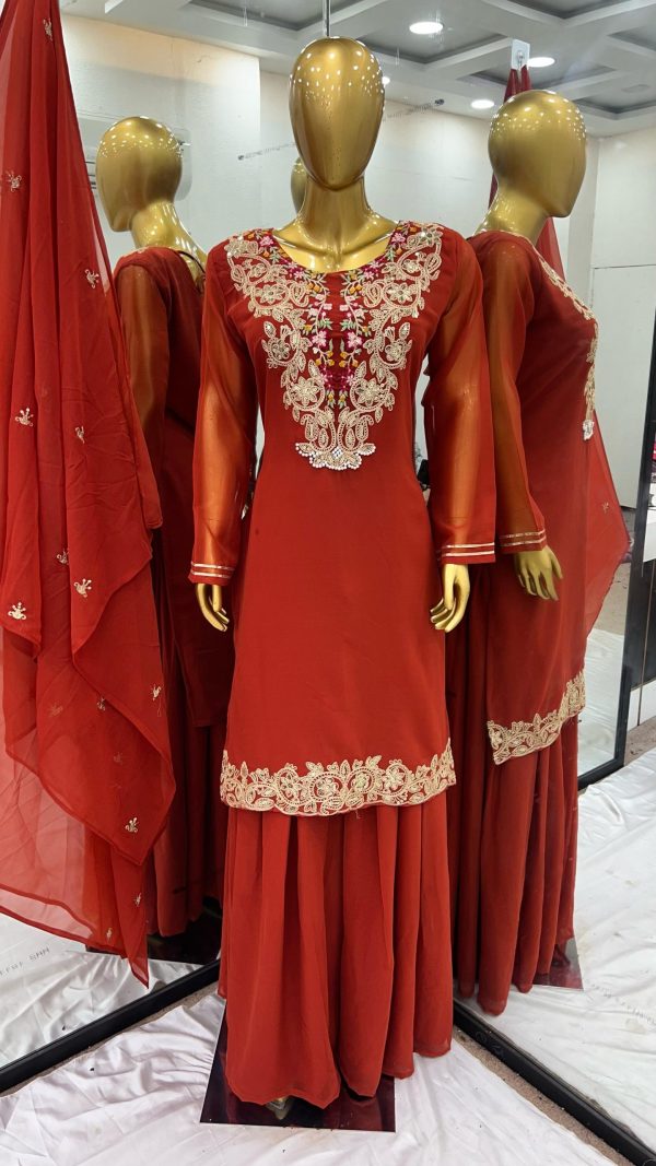 Amazing Orange Color Faux Georgette With 5mm Embroidery Sequence Work Salwar Suit
