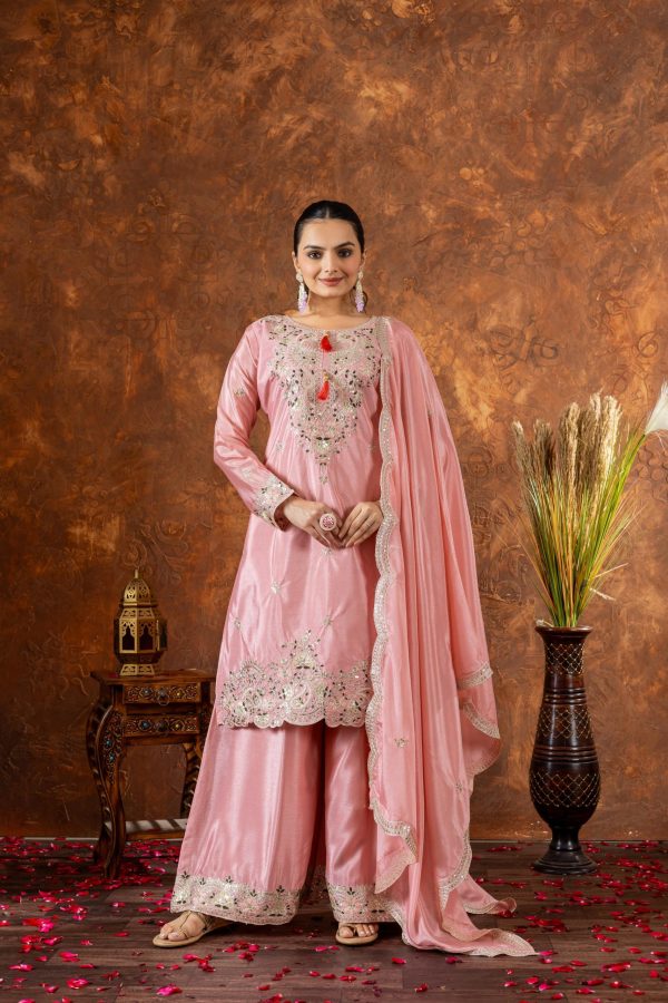 Amazing Peach Color Chinon Silk Embroidery 3mm Sequence Coding Dori Work Salwar Suit