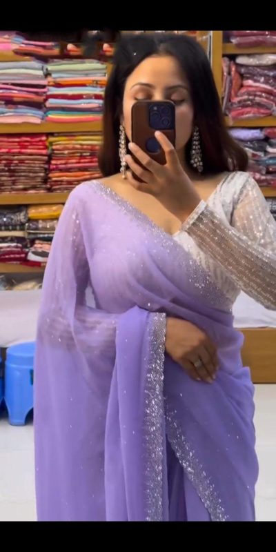 Amazing Purple Color Georgette Hot Fix Stone Work Saree