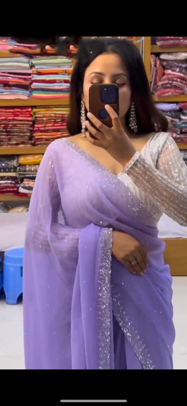 Amazing Purple Color Georgette Hot Fix Stone Work Saree