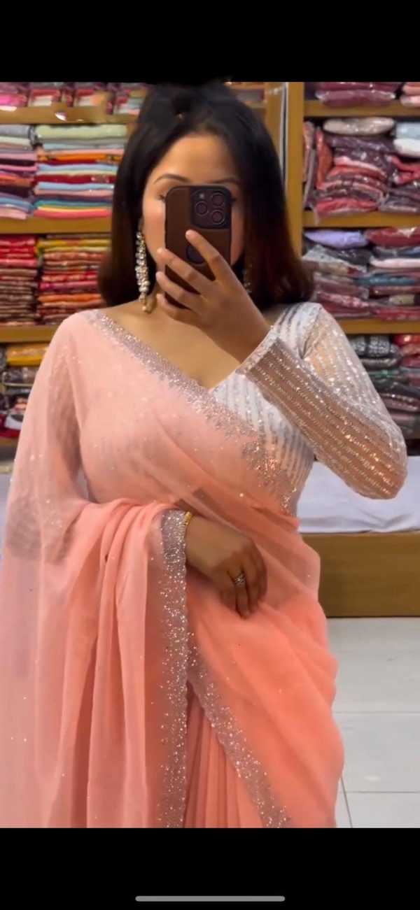 Amazing Peach Color Georgette Hot Fix Stone Work Saree