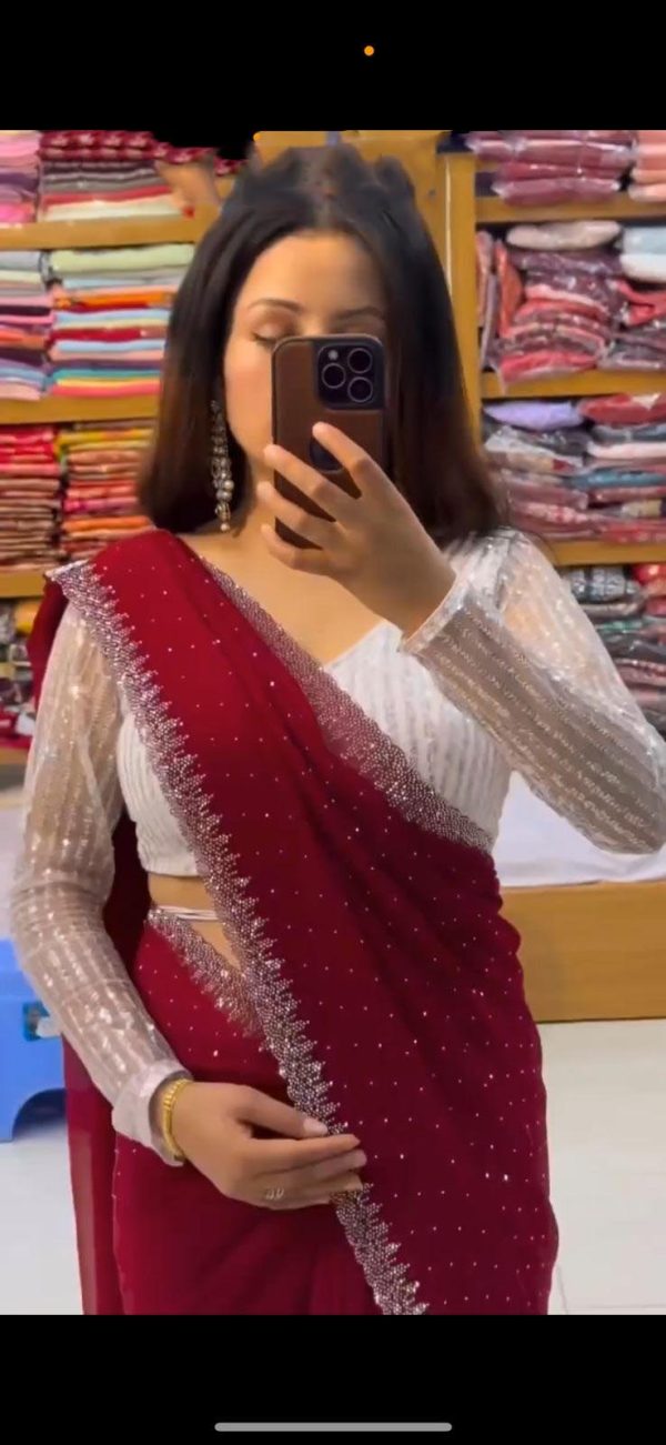 Amazing Red Color Georgette Hot Fix Stone Work Saree
