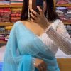Amazing Sky Blue Color Georgette Hot Fix Stone Work Saree