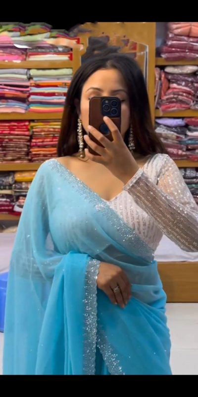 Amazing Sky Blue Color Georgette Hot Fix Stone Work Saree