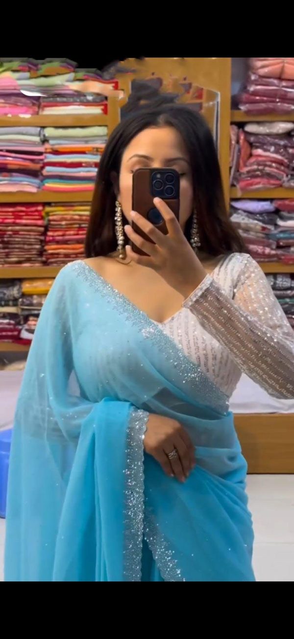 Amazing Sky Blue Color Georgette Hot Fix Stone Work Saree