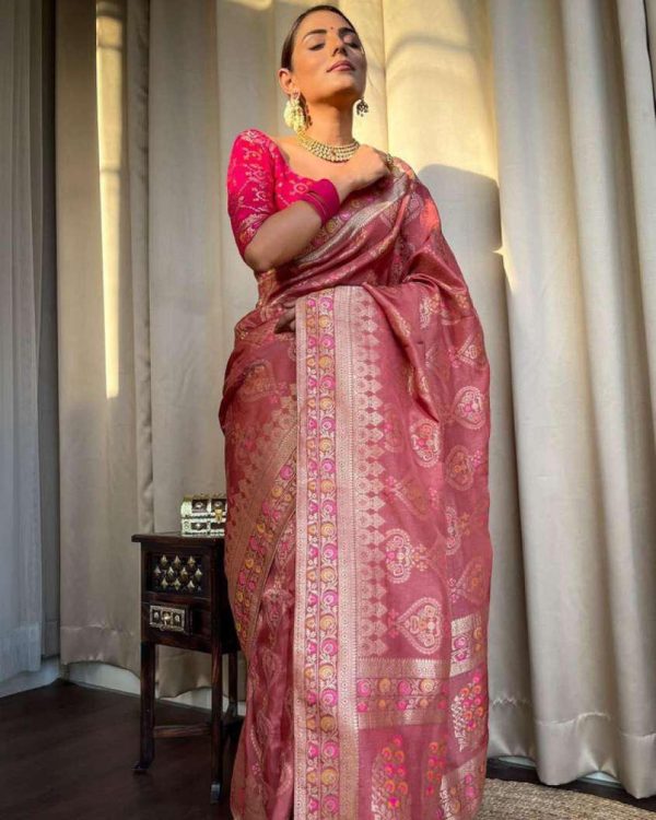 Attractive Peach Color Soft Lichi Silk Kubera Pattu On All Over Saree