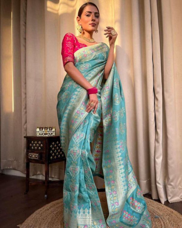Attractive Sky Blue Color Soft Lichi Silk Kubera Pattu On All Over Saree