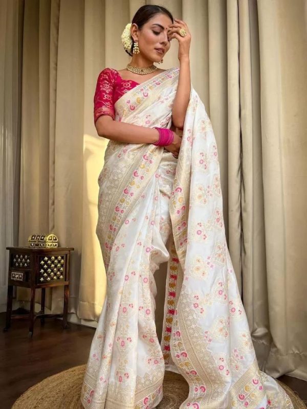 Attractive White Color Soft Lichi Silk Kubera Pattu On All Over Saree