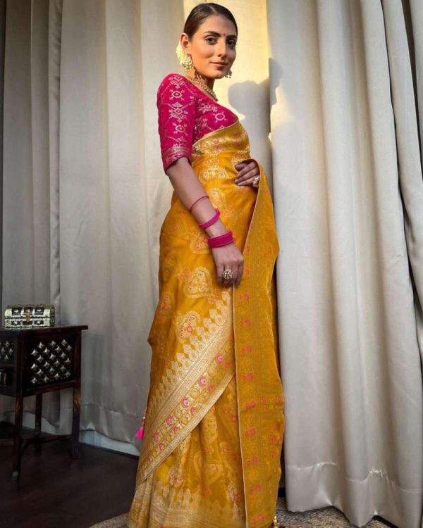 Attractive Yellow Color Soft Lichi Silk Kubera Pattu On All Over Saree