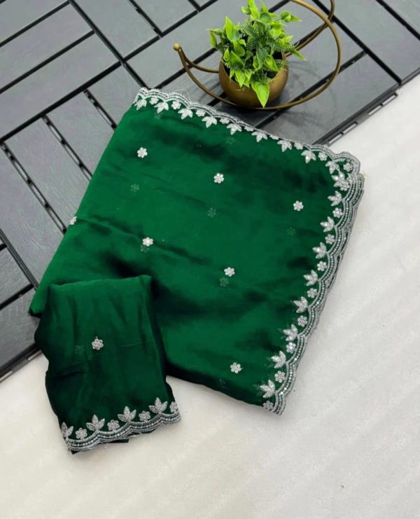 Beautiful Green Color Rangoli Chiffon Embroidery Cut Work Saree