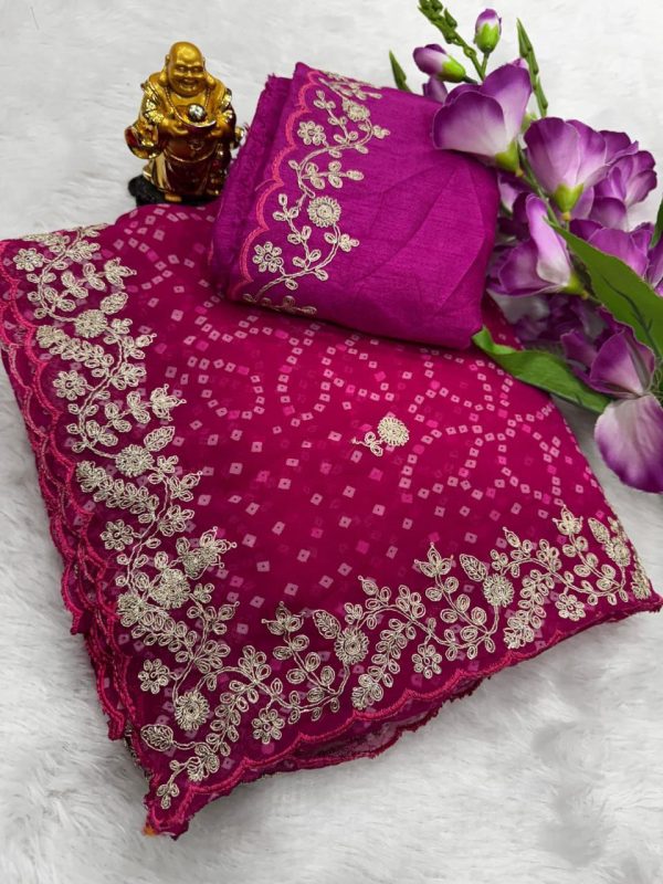 Beautiful Pink Color Georgette Bandhni Print With Sober Pita Work Embroidery Saree