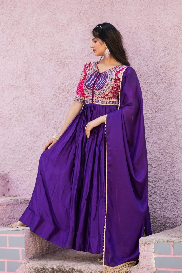 Beautiful Purple Color chinon bandhrej Heavy 3mm Sequence Embroidery Work Anarkali Gown